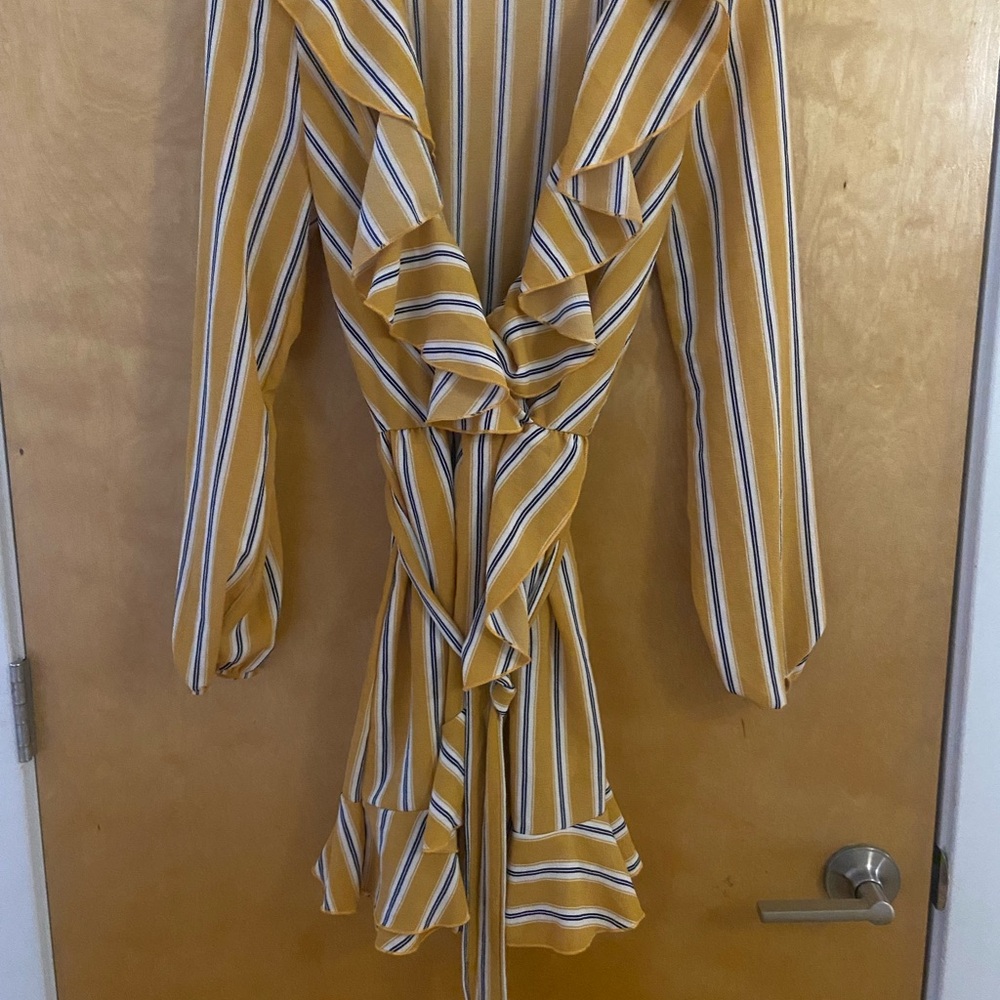 FashioNova Striped Yellow Wrap Dress with Ruffles size XS